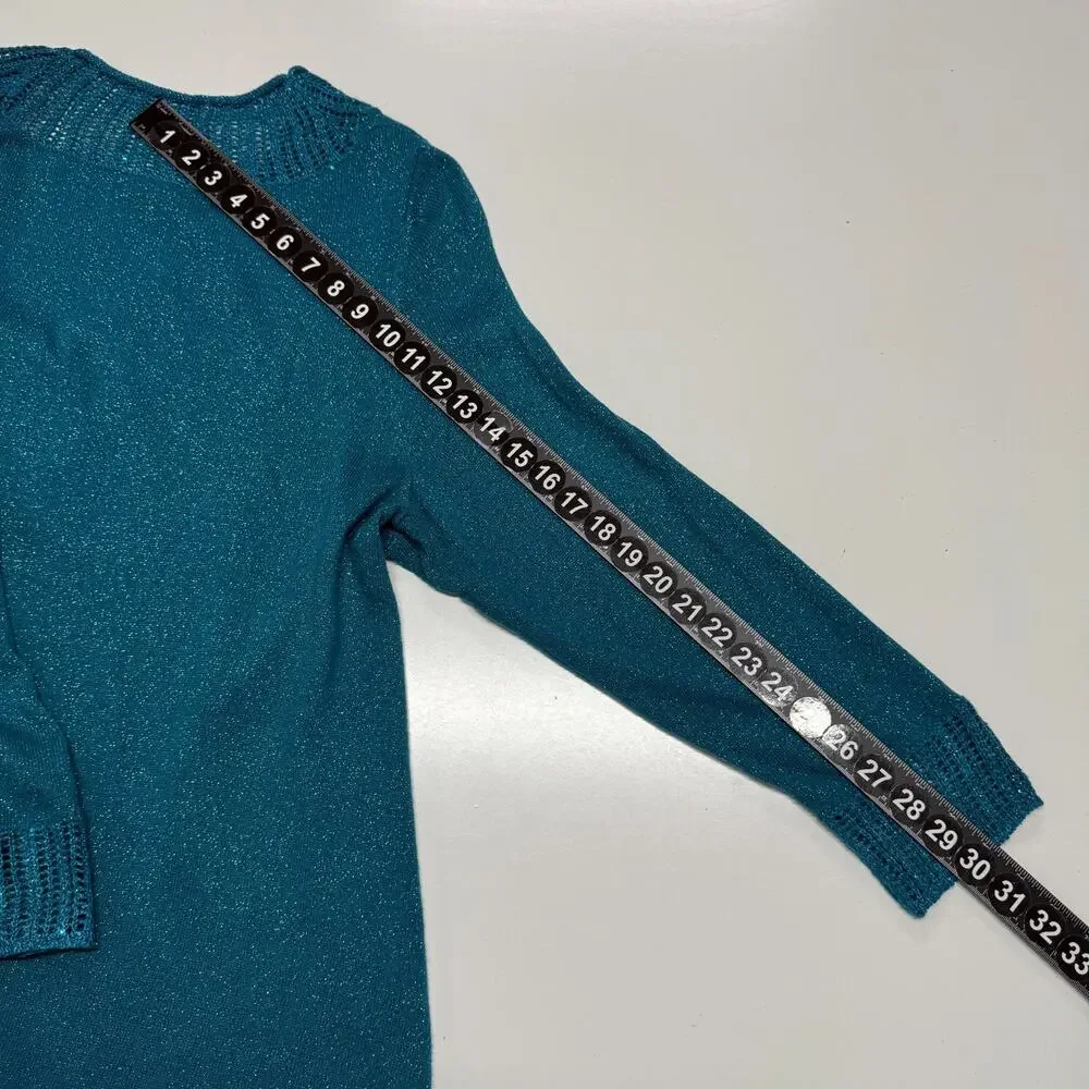Catherines Sweater 2X 22-24W Teal Blue Green Metallic Sequin Open Knit‎ Neckline